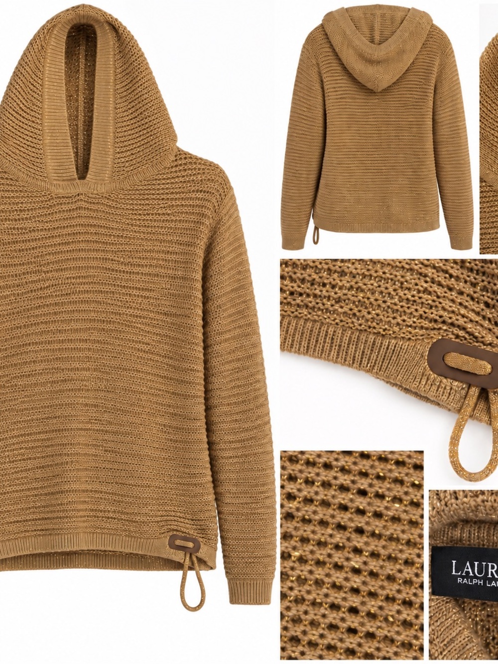 Lauren Ralph Lauren Women’s Small Gold Metallic Thread Open Knit Hooded Sweater